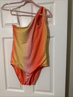 aerie One-Shoulder Gradient One-Piece Swimsuit in Orange, Yellow, Pink